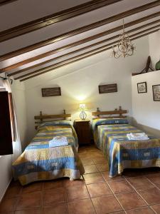 a bedroom with two beds and a chandelier at La Cueva in Vélez Blanco