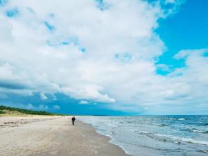 a person walking on the beach under a cloudy sky at Beachbungalow in Karlshagen +3 photos