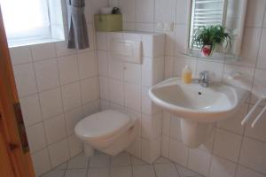 a white bathroom with a toilet and a sink at Haus-Sahrensdorf in Fehmarn