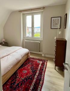 Schlafzimmer mit einem Bett mit einem roten Teppich und einem Fenster in der Unterkunft Chez Jean ! Au pied du vignoble, à 5 min de Colmar in Ingersheim + 30 Fotos