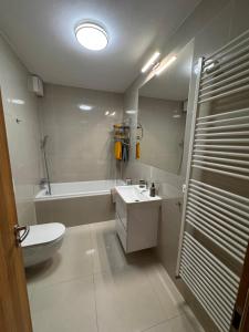 a bathroom with a toilet and a sink and a tub at Bratislava apartment in Bratislava +11 photos