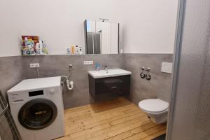 a bathroom with a washing machine and a sink at Alte Schule in Trulben in Trulben +14 photos