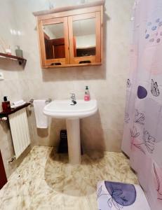 a bathroom with a sink and a shower curtain at Senda de las mariposas Vinuesa in Vinuesa +10 photos