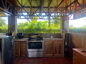 a kitchen with wooden cabinets and a stove at Pitangus Lodge in Chachagua