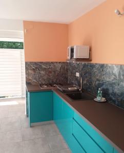 a kitchen with a sink and a microwave at Le Triton in Deshaies