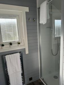 y baño con ducha, ventana y toallas. en Windmill Glamping Pod with hot tub - The Snug, en Swavesey