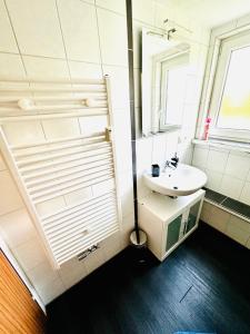 a bathroom with a sink and a mirror at Ferienwohnungen Dörte & Stella Hof Saale in Hof