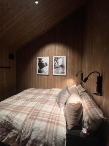 a bedroom with a bed and two pictures on the wall at Sogndal Chalet in Sogndal
