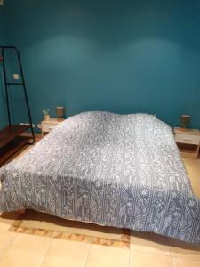 a bed in a bedroom with a blue wall at Appartement Agen centre in Agen