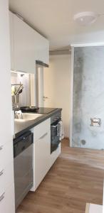 a white kitchen with a sink and a counter at Room with shared kitchen and bathroom nr 2 in Tromsø