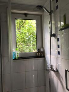 a bathroom with a window and a shower in it at Vredig Toeven in Klaaswaal