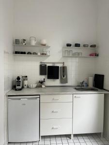 フィーアゼンにあるTraumhaftes City Apartmentの白いキャビネットとシンクのあるキッチン