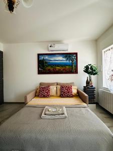 a bedroom with a bed and a painting on the wall at La Casa Rossa in Ca' di David