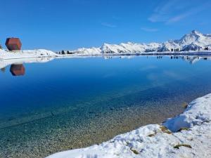 a large body of water with snow covered mountains at Apart Lisa in Mayrhofen