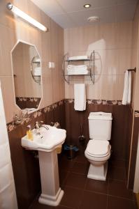 een badkamer met een toilet, een wastafel en een spiegel bij Ööbikuoru Villa in Rõuge