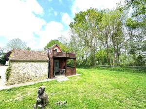 a dog sitting in the grass in front of a cabin at Maisonnette in Marcei +4 photos