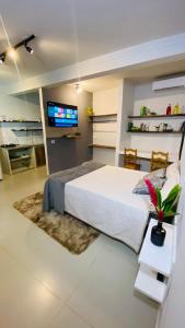 a bedroom with a bed and a tv on a wall at Studio Terra Nova in Itumbiara