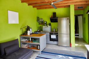una cucina con pareti verdi e frigorifero in acciaio inossidabile di Sunset No 23 Second Unit Colorful and Cozy a Çeşme