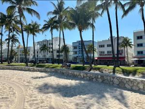 una playa de arena con palmeras y edificios en Beachfront Ocean Drive South Beach Miami, en Miami Beach