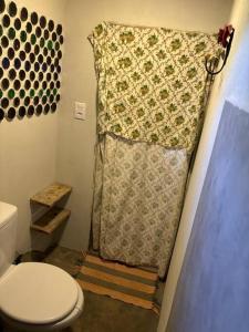 un bagno con un water e una tenda da doccia di Vila do Salitre - Chalé a 5 min de lagos e cachoeiras a Diamantina