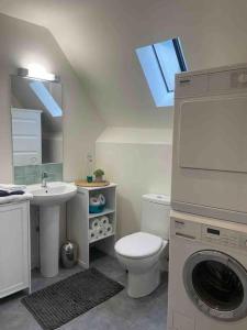 a bathroom with a toilet and a sink and a washing machine at Large town centre apartment with parking in Wallingford