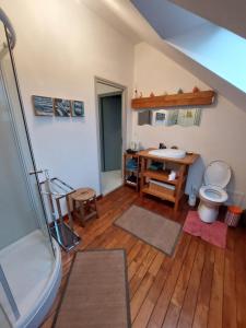 a bathroom with a shower and a toilet and a sink at Chambre du moulin in Crespin