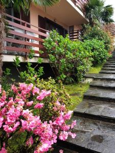 a bunch of pink flowers in front of a house at Residenza vista lago mozzafiato in Castello Valsolda