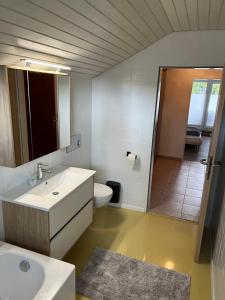 a bathroom with a sink and a toilet and a shower at Familienauszeit Indoorpool, Sauna, optional Vielpass Karte, Netflix, Disney, inkl Bettwäsche Handtücher Reinigung , 100 MBit Internet in Missen-Wilhams +18 photos