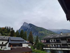 Une montagne au loin avec des maisons et des arbres dans l'établissement Le refuge, à Samoëns
