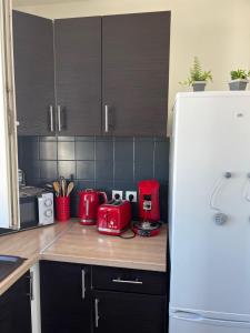 a kitchen with a white refrigerator and red appliances at Le Nid Douillet in Compiègne