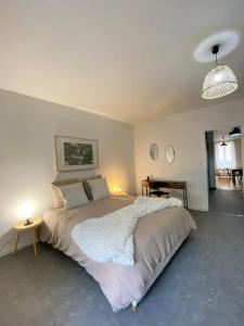 sypialnia z dużym łóżkiem i stołem w obiekcie City Nest Cosy et Spacieux w mieście Le Péage-de-Roussillon