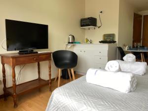 a bedroom with a bed and a desk with a television at Nido del Cormorán in Ushuaia