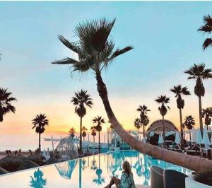 a woman sitting next to a swimming pool with a palm tree at ruzafa oceanograf science center in Valencia