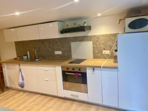 a kitchen with white cabinets and a sink and a refrigerator at Le carolo in Tournes +7 photos