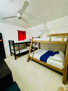 two bunk beds in a room with a ceiling fan at Hostal La Española de Getsemani in Cartagena de Indias
