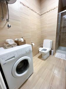 a washing machine in a bathroom with a toilet at Apartman Skyroom in Banja Luka +19 photos