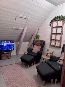 a living room with two chairs and a flat screen tv at Villa Utsikten Romsdalen in Åndalsnes +98 photos