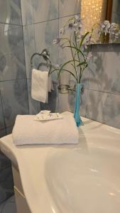 a bathroom sink with a blue vase with flowers in it at DIANA Guest house in Shkodër +29 photos