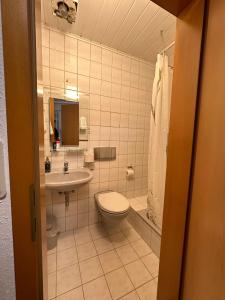 a bathroom with a toilet and a sink at Moonlight Hotel in Meiningen +32 photos