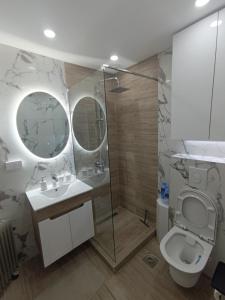 a bathroom with a shower and a toilet and a sink at ZONA apartman in Vranje
