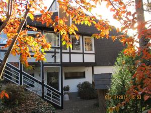 una vista exterior de una casa con hojas de otoño en Pension Altenbeck & Ferienwohnung, en Winterberg