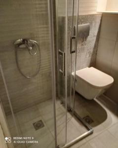 a bathroom with a shower with a toilet and a sink at Watch Penthouse City Center & parking in Chania Town +9 photos
