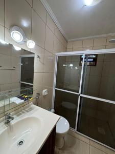 Un baño con lavabo, ducha e inodoro. en Six Garden Lodge, en Puerto Iguazú