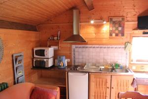 a kitchen with a stove and a sink in a cabin at Gîte d'Odile in Le Chambon-sur-Lignon +11 photos