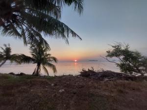 - un coucher de soleil sur une plage avec des palmiers et l'océan dans l'établissement Jerai Geopark Cottage Song Song, à Kampong Permatang Serentang