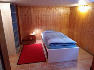 a small room with a bed and a red rug at Un spacieux et confortable châlet in Châtel-Saint-Denis