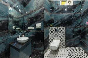 deux photos d'une salle de bain avec un lavabo et des toilettes dans l'établissement Heritage Home Stay, à Ujjain