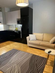 a living room with a couch and a kitchen at Apartment Vaatturi in Kokkola