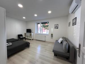 a living room with a bed and a couch at Házikon 1 in Nyíregyháza