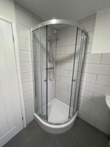 a shower with a glass door in a bathroom at Stratford- in London +39 photos